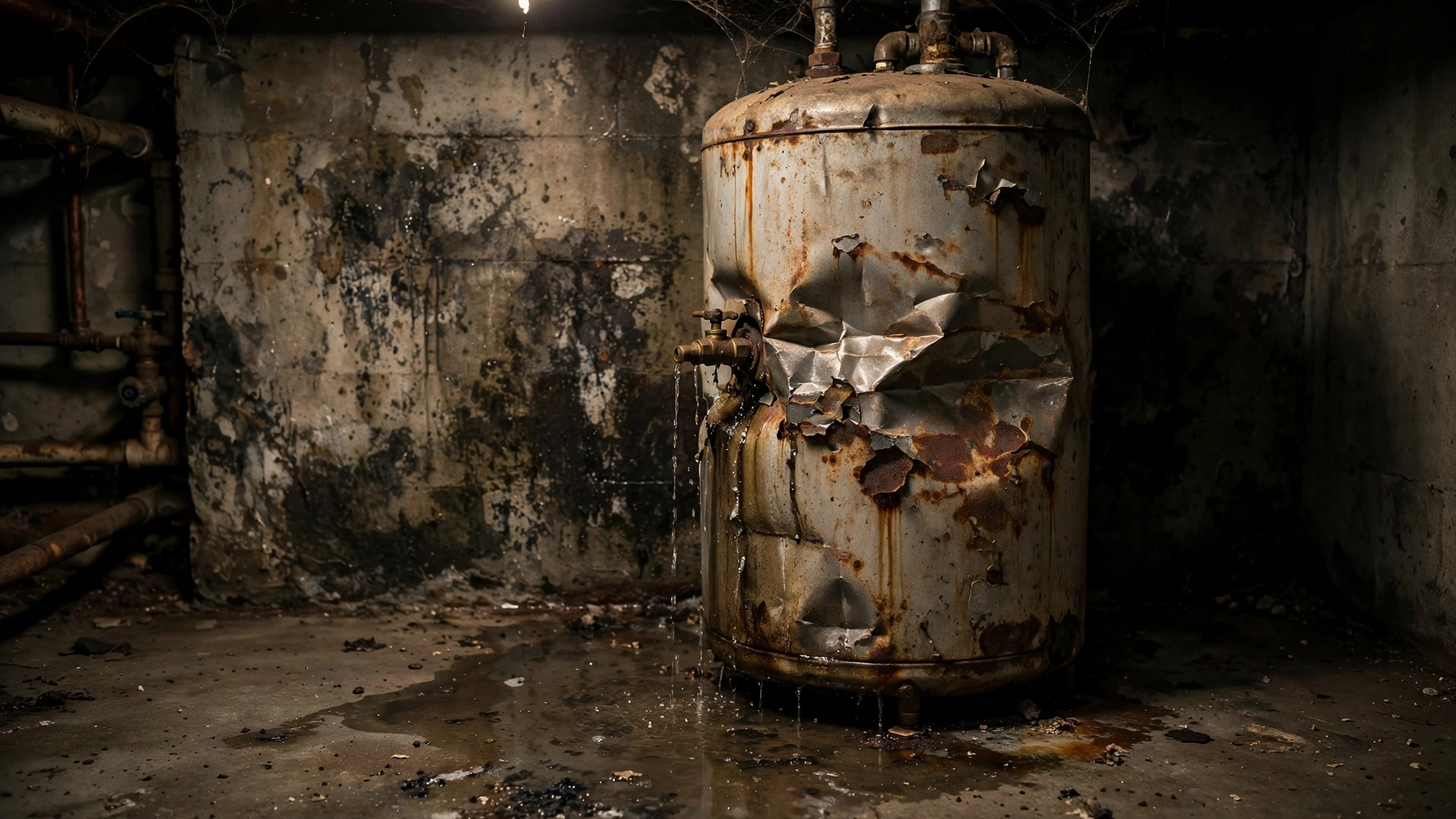 Damaged leaking water heater in a basement